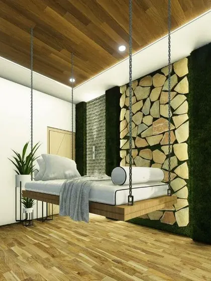 A duplicate of 85, focusing on the details of the swing and the textured accent walls.