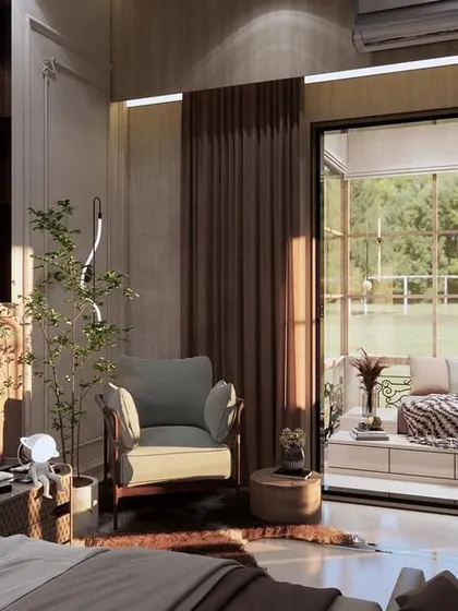 This view highlights the seamless connection between the bedroom and the balcony. The folding glass doors open up to a beautiful view, blurring the line between indoor and outdoor living.