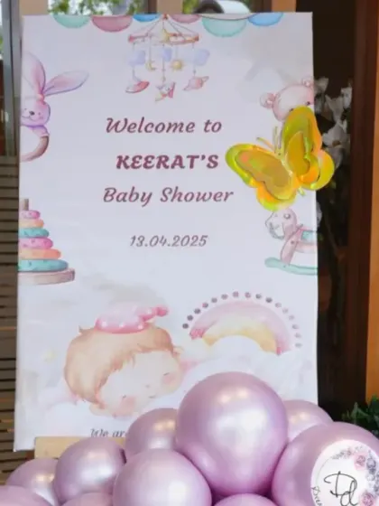 A personalized welcome sign for Keerat's baby shower. The watercolor design and pastel balloons create a soft and sweet entrance for guests.