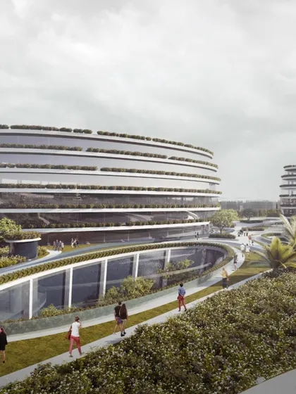 The landscaped terrace of the station acts as an urban park and breakout space for visitors. The design integrates public green space with commercial and office buildings.