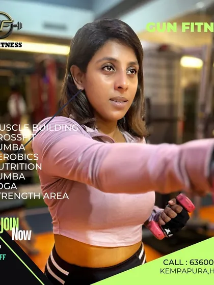 We offer a 35% discount for new members to join our community. This graphic lists our core offerings like CrossFit, Zumba, and strength training, showing a member engaged in a boxing-style workout.