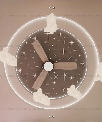 A look at the custom ceiling design, which features a starry night sky, cloud-shaped lights, and a central fan, adding to the room's magical atmosphere.