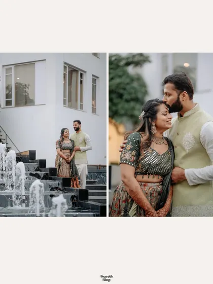 A diptych of the couple's romantic portraits by a fountain, capturing their loving gazes and a sweet kiss on the forehead.
