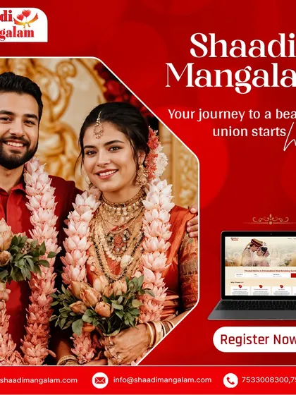 A beautiful South Indian couple surrounded by intricate floral garlands. Your journey to a beautiful union starts right here with our personalized matchmaking.