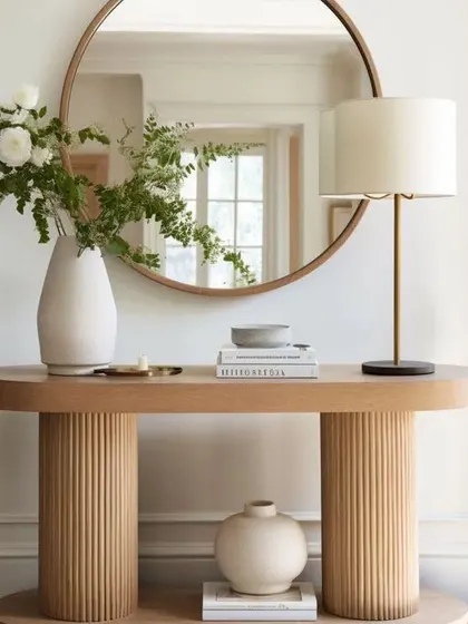 An inspiration image showcasing a beautiful console table with fluted cylindrical legs and a smooth oval top. This design is a perfect example of the kind of modern, sculptural pieces we can create for your entryway or living room.