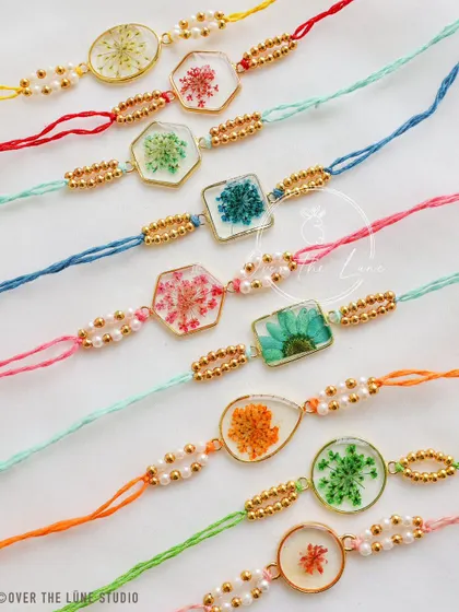 I offer a variety of shapes for my resin Rakhis, including hexagons, squares, and circles. This image shows the range of designs you can choose from.