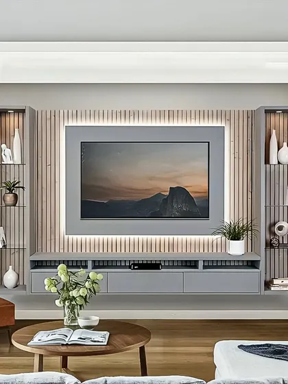 This symmetrical living room design features a floating TV unit with integrated backlighting. Fluted paneling and vertical display shelves on either side create a balanced and elegant look.