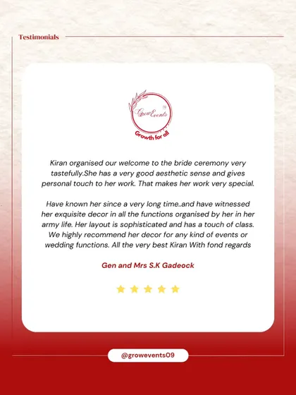 Our work is best described by the people we work for. This testimonial from Gen and Mrs. S.K Gadeock speaks to our aesthetic sense and the personal touch we bring to every event, from welcome ceremonies to grand wedding functions.