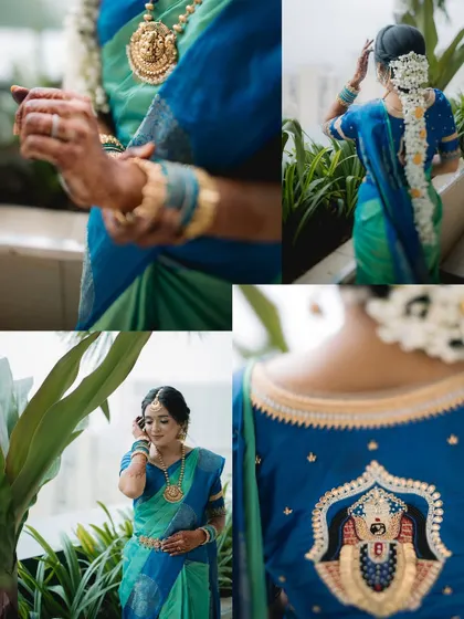 A collage of the South Indian bride's details. It showcases her hairstyle with fresh flowers, the intricate embroidery on her blouse, and her elegant poses.