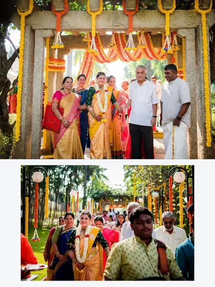 A collage showing the bride's procession with her family, a beautiful and traditional start to the wedding ceremony.