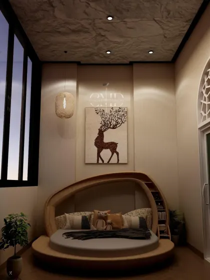 A night view of the nest-inspired bed, showing how the cozy design creates a perfect sanctuary for a child.