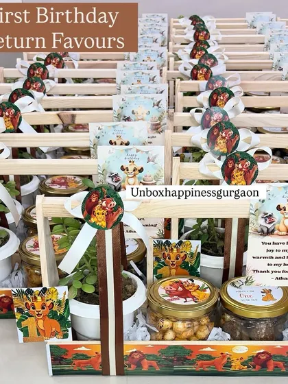 To show the scale of my work, here is a large order of first birthday return gifts with a 'Lion King' theme. Each wooden crate is filled with a plant and jars of treats, all customized to make the celebration extra special.