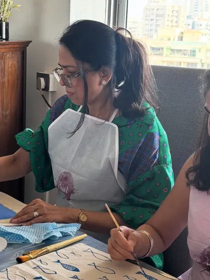 A private tote bag painting session at a client's home in Mumbai. We bring the workshop to you for a cozy and creative get-together.