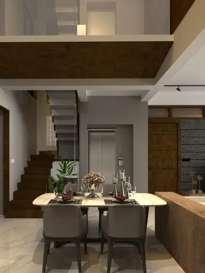 A render of a dining area overlooking a double-height space. The design uses a mix of marble flooring, wood accents, and an elevator细菌 to create a modern, luxurious, and accessible home.