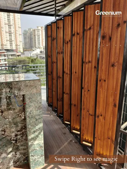 Another view of the rotating wooden panels next to a beautiful marble bar counter. This design cleverly combines natural materials with modern functionality for a sophisticated terrace.