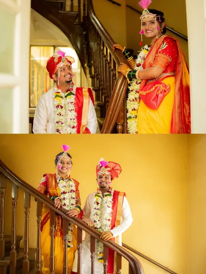 A pair of classic portraits of the newly married couple on a grand staircase, capturing their regal look.
