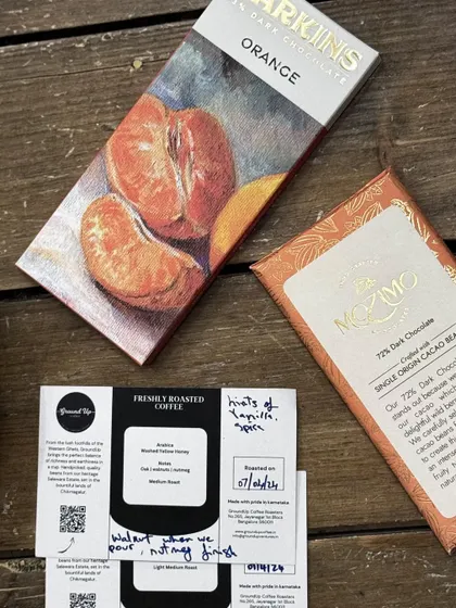 A glimpse from our sensory workshop, pairing different coffee roasts with unique craft chocolates. Here you can see the tasting notes for the coffee alongside bars from Larkins and Mozimo.