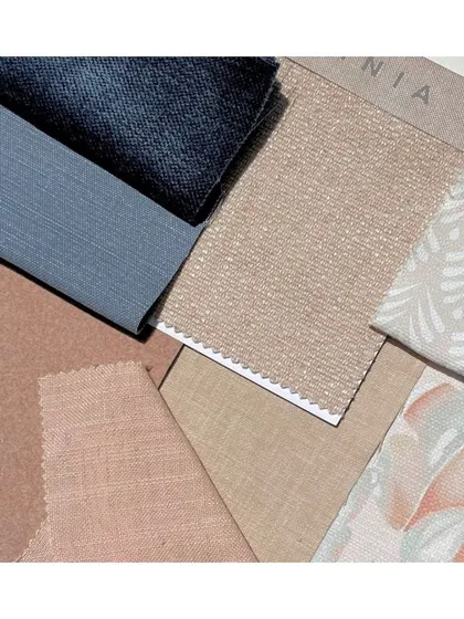 This mood board showcases a beautiful palette of textures and colours. I create these boards to help clients visualize how different fabrics, from plain linens to patterned prints, will work together in their space.
