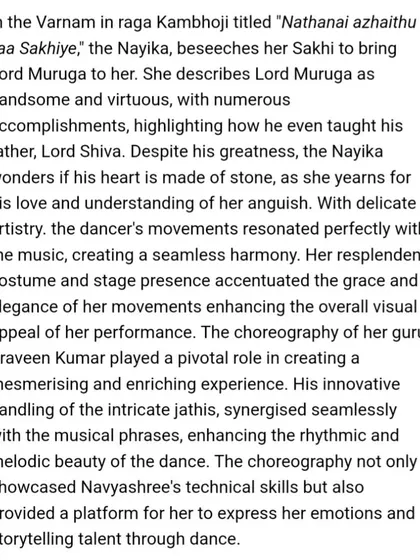 A review of my performance published on Narthaki.com by Satish Suri sir, describing my portrayal of the Nayika in a Varnam. I am ever grateful for such feedback.