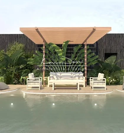 A concept for a rooftop terrace with a pool. The design includes a wooden pergola, lush greenery, and comfortable lounge furniture, creating a private oasis above the city.