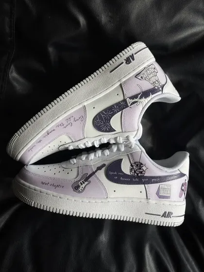 A top-down shot of the "Speak Now" custom sneakers, showing all the intricate details.