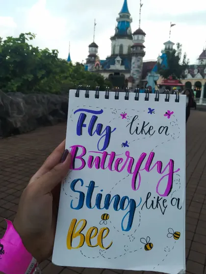 My sketchbook page from a day at Imagicaa theme park, with the quote "Fly like a butterfly, sting like a bee."