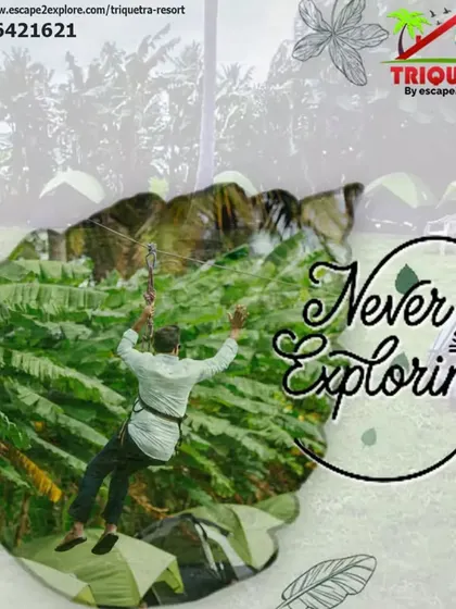 Never stop exploring. This creative shot shows a guest on the zipline, framed within a leaf, capturing the spirit of adventure in nature.