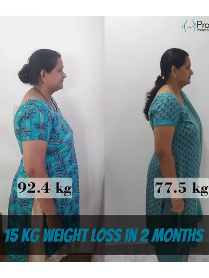 Sarita Bhat's amazing 15 kg weight loss in two months. Her fat percentage dropped from 38.6% to 29.6%, a fantastic health improvement.