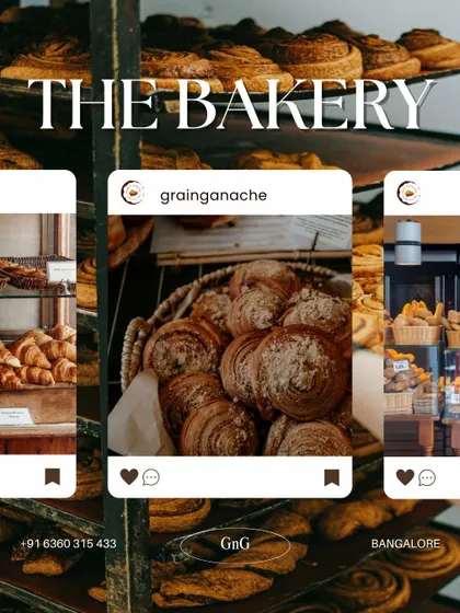 Croissants, pastry trays and our bakery counter appear in a catalogue collage of the Jayanagar shop.