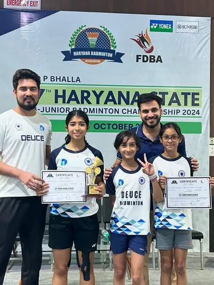 Another photo with our state-level medalists, Nandini, Arshiya, and Samaira, celebrating their achievements at the Haryana State Championship.
