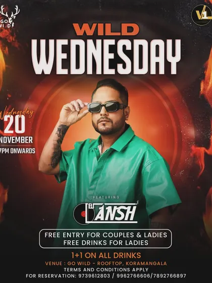 Another poster for our Wild Wednesday event, highlighting the buy 1, get 1 offer on all drinks.