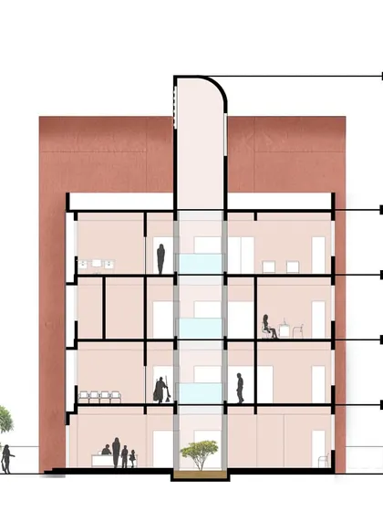 A good section drawing tells the truth of a building. This sectional drawing reveals the floor-to-floor logic, light penetration through a central atrium, and the human scale of a residential project, demonstrating how we embed sustainability into the very form of the structure.