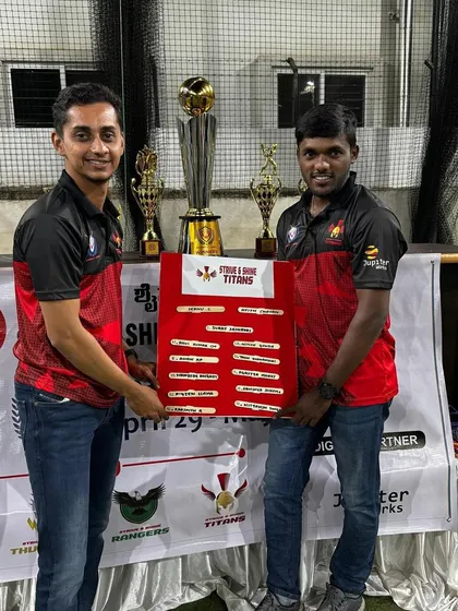 The Strive & Shine Titans team owners and captains pose with their squad list after the SSPL auction. The planning for the title begins here.