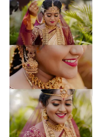 A triptych of close-up bridal moments, from her radiant smile to the details of her traditional jewelry.