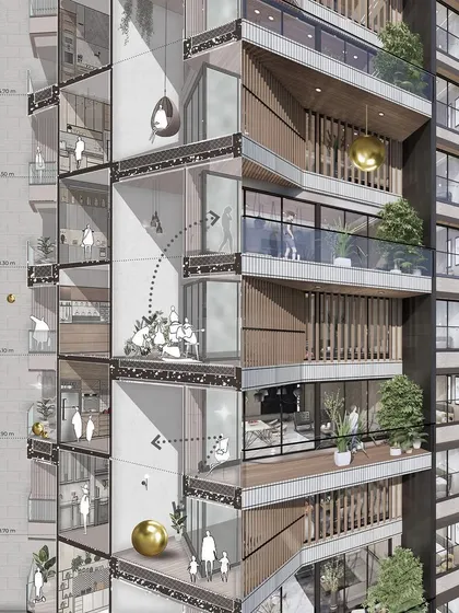 A render of an upcoming luxury residential project in New Bombay. The design features double-height balconies, offering a new way to experience luxury living with expansive vertical space.