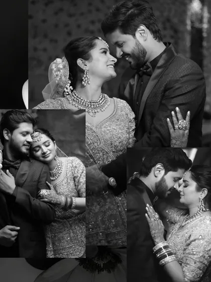 This black and white collage shows a series of intimate moments between the couple during their reception. It tells a story of their love through gentle touches, shared glances, and warm embraces.