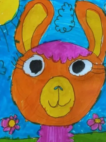 A close-up portrait of a friendly llama. This drawing focuses on creating a cute character with large, expressive eyes and simple floral details.