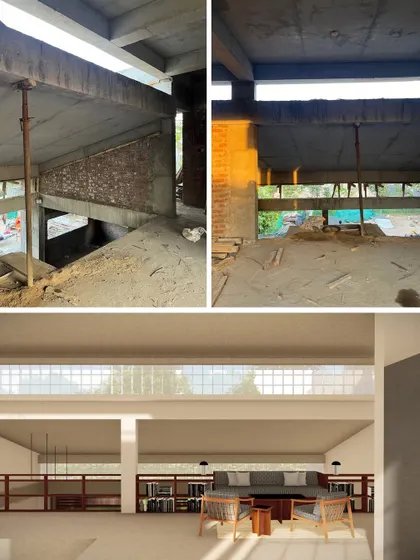 **Of Courtyards and Corners, Ahmedabad:** A look at the upper-level spaces, comparing the planned open-concept lounge area with the concrete structure on site. This highlights the journey of creating split-levels and interconnected volumes.