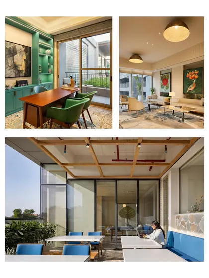 This image collage illustrates key principles from our "Designing Beyond Walls" blog. It showcases flexible home offices, living areas that open to the outdoors, and workspaces that prioritize natural light, all demonstrating how to create adaptable and connected interiors.