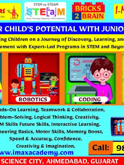 A location-specific flyer for our Science City, Ahmedabad center, detailing the Robotics, Abacus, and Coding classes available there.