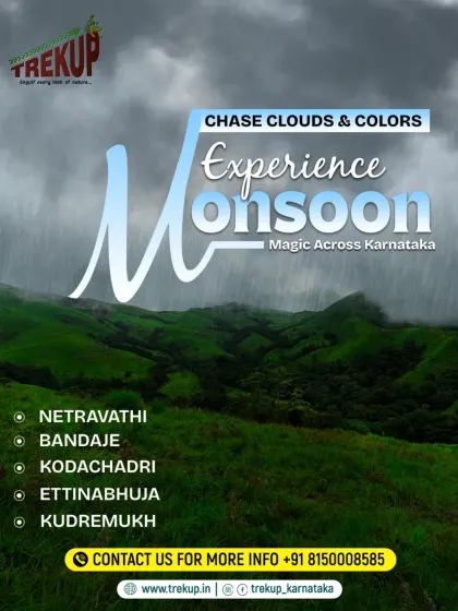 Chase clouds and colors this monsoon. This graphic lists my top 5 monsoon treks, including Netravathi, Bandaje, and Kudremukh.