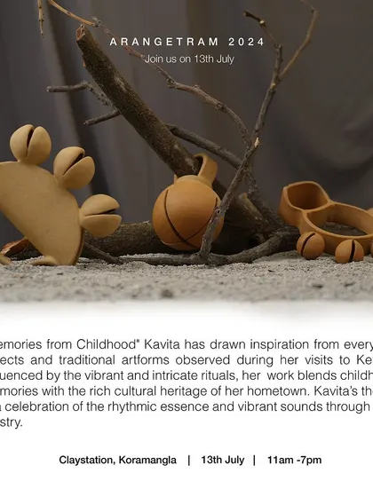 Kavita, an interior designer turned potter, presents her "Memories from Childhood" collection at Arangetram. Drawing inspiration from everyday objects and traditional artforms from Kerala, her work blends childhood memories with rich cultural heritage.