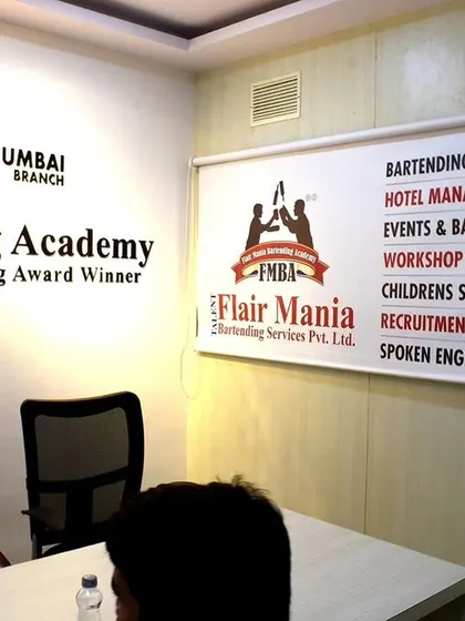 Our Mumbai branch office, listing the wide range of services we offer, from bartending courses to event management and placements.