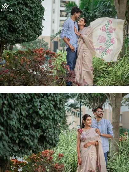A collage from a pre-wedding shoot in a modern park. The flowing saree against the clean lines of the urban landscape creates a beautiful contrast.