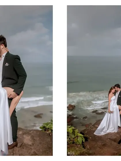 A diptych showing the couple on a cliff in Goa, capturing both a close-up and a wide shot of the stunning scenery.