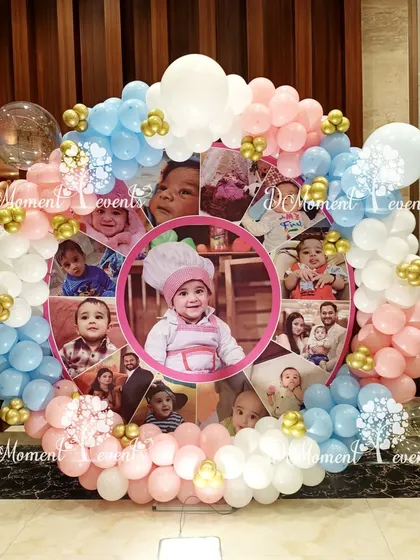 A circular photo collage of the birthday girl, framed with pink, blue, and white balloons, serves as a lovely decorative piece.