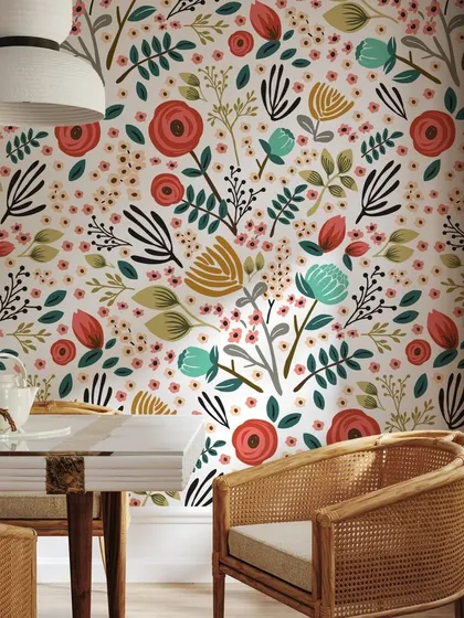This vibrant floral wallpaper brings life and color to a dining area, proving that bold patterns can create a joyful and inviting atmosphere. It’s a perfect example of how our designs can personalize your space.