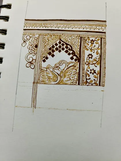 An in-progress shot of the bridal sketch. Here, I was focusing on the central element, the two swans, making sure their form and the surrounding details were just right.