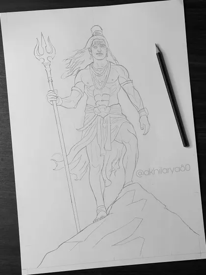 A work-in-progress outline sketch of Lord Shiva standing on a mountain peak. This is the first step before the detailed shading process begins for my Mahadev artworks.
