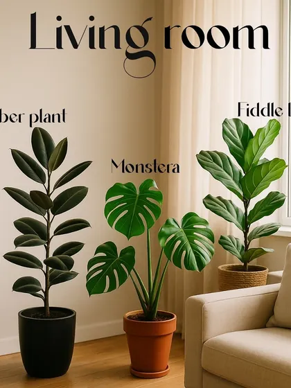 For the living room, I recommend statement plants that purify the air and create a vibrant feel. The Rubber Plant, Monstera, and Fiddle Leaf Fig are excellent choices that transform a common area into a green sanctuary.